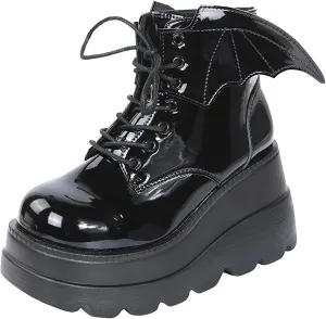 Women's Lace-Up Combat Boots Gothic Platform Mid Calf Wedges Chunky High Heel Round Toe Side Zip Punk Ankle Booties