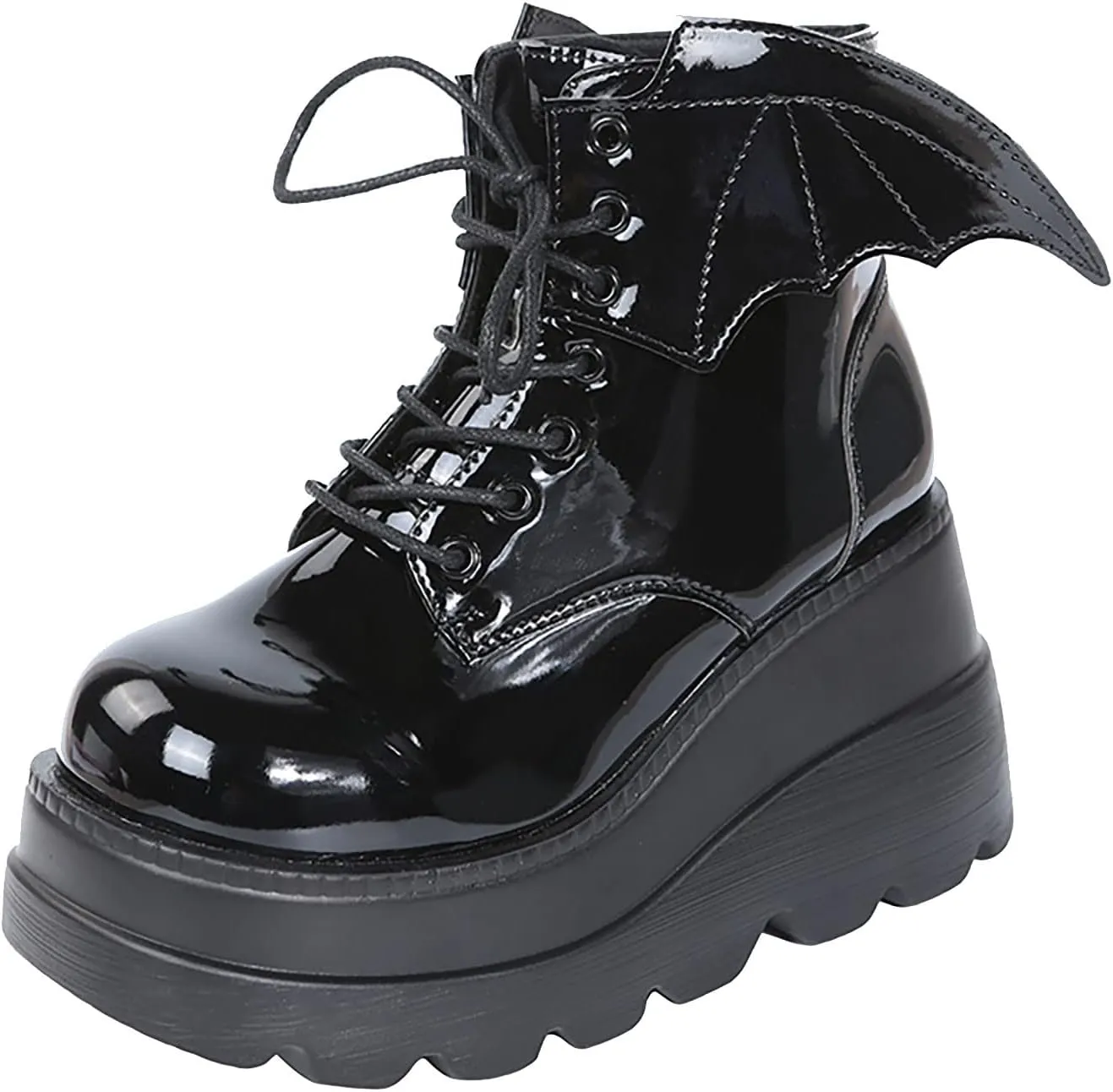 Women's Lace-Up Combat Boots Gothic Platform Mid Calf Wedges Chunky High Heel Round Toe Side Zip Punk Ankle Booties