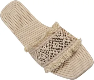 Women's Open Toe Fringe Sandals Summer Vacation Flat Slide Slip On Outdoor Boho Beach Slides Holiday Slippers