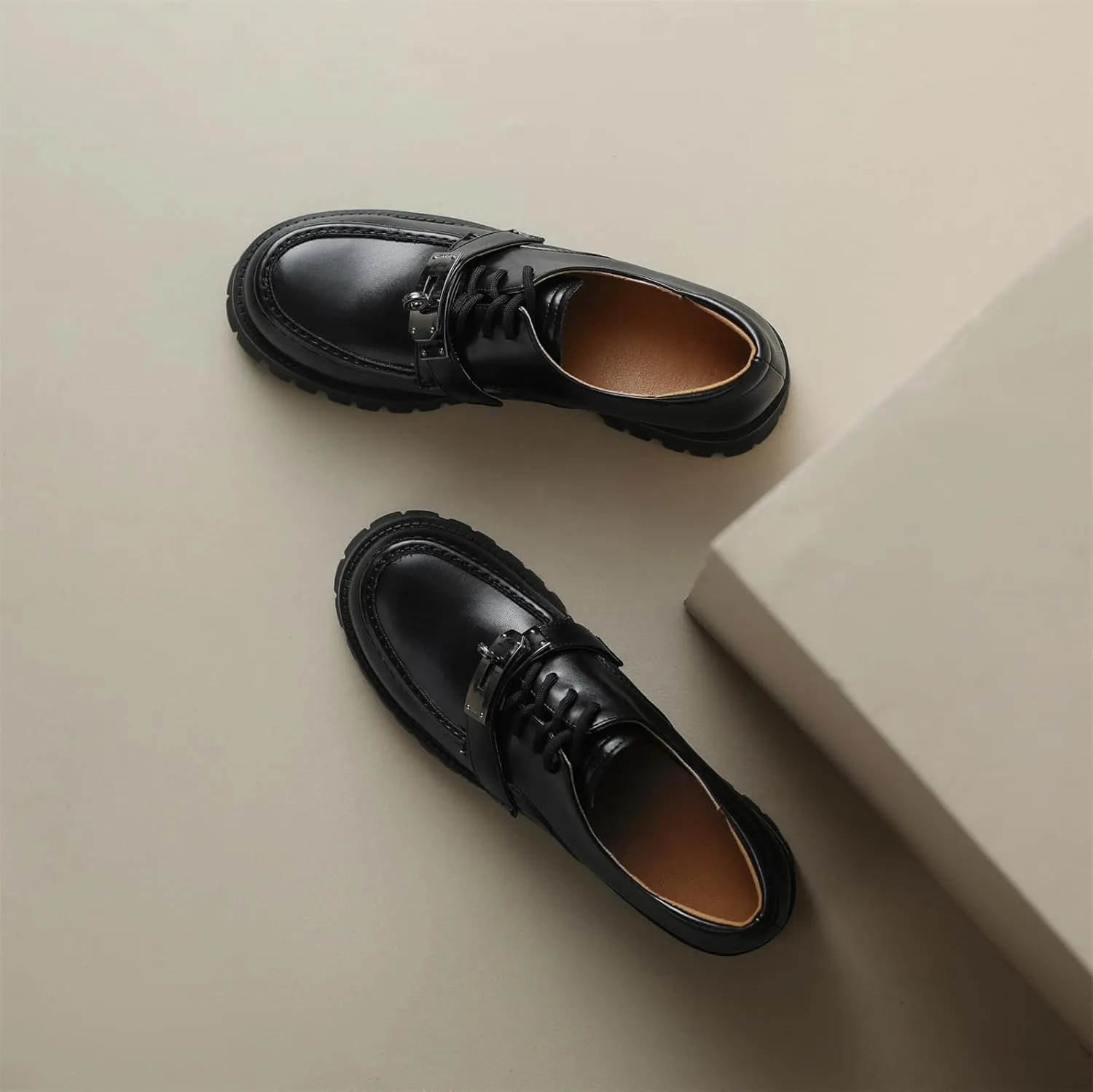 Women's Retro Platform Hook & Loop Round Closed Toe Pump Loafers Lace Up Chunky Mid Heel Metallic Office Work Casual Fashion Business Dress Shoes All Weather Daily Wear Flats