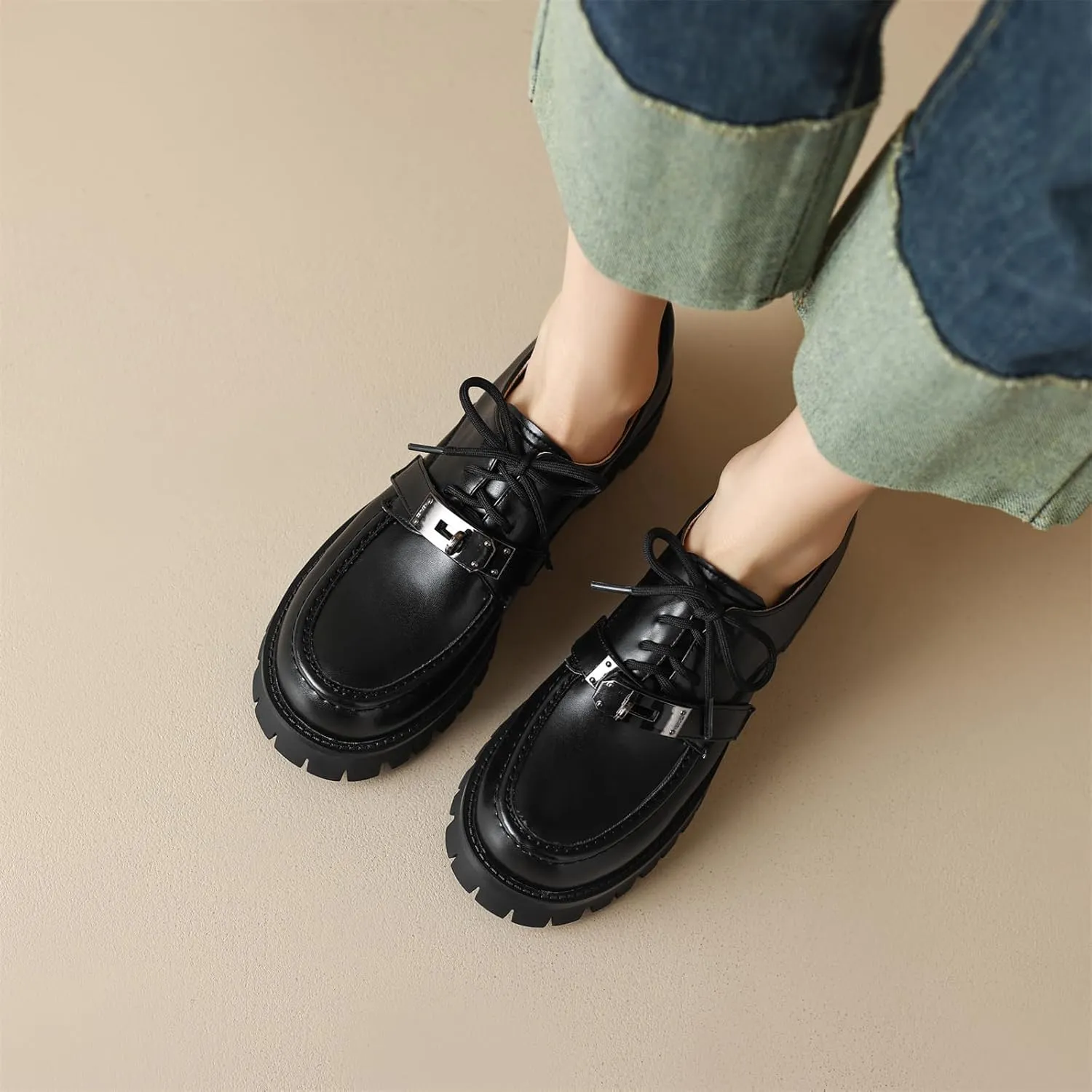 Women's Retro Platform Hook & Loop Round Closed Toe Pump Loafers Lace Up Chunky Mid Heel Metallic Office Work Casual Fashion Business Dress Shoes All Weather Daily Wear Flats