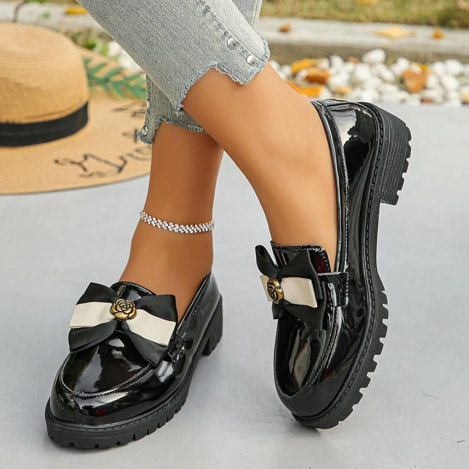 Womens Slip On Shoes Comfort Chunky Loafers Leather Penny Loafers Cute Bowknot Business Shoes Casual Business Shoe
