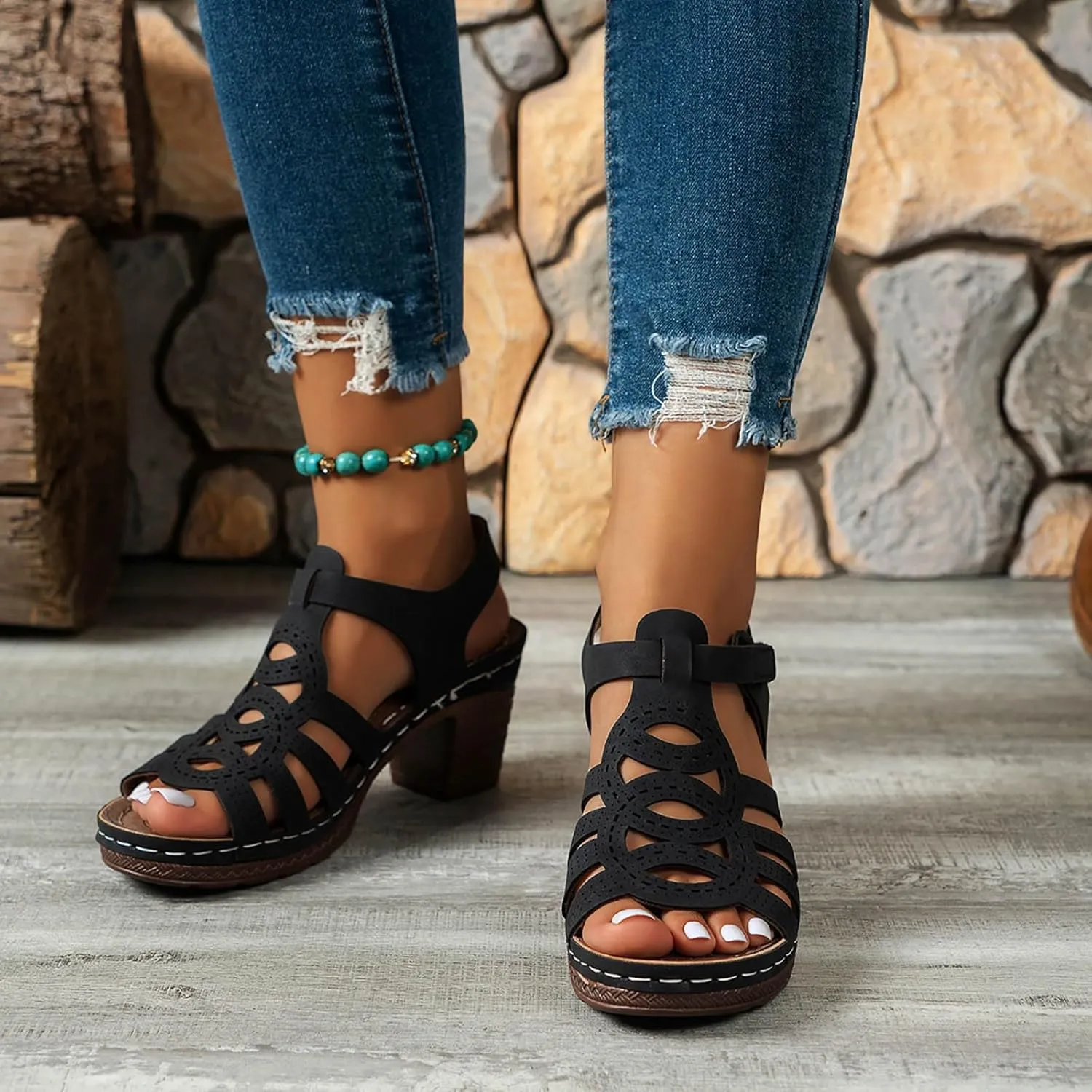 Women's Summer Outer Bottom Middle Heel Hollow Out Sandals High Heels Sports Footwear