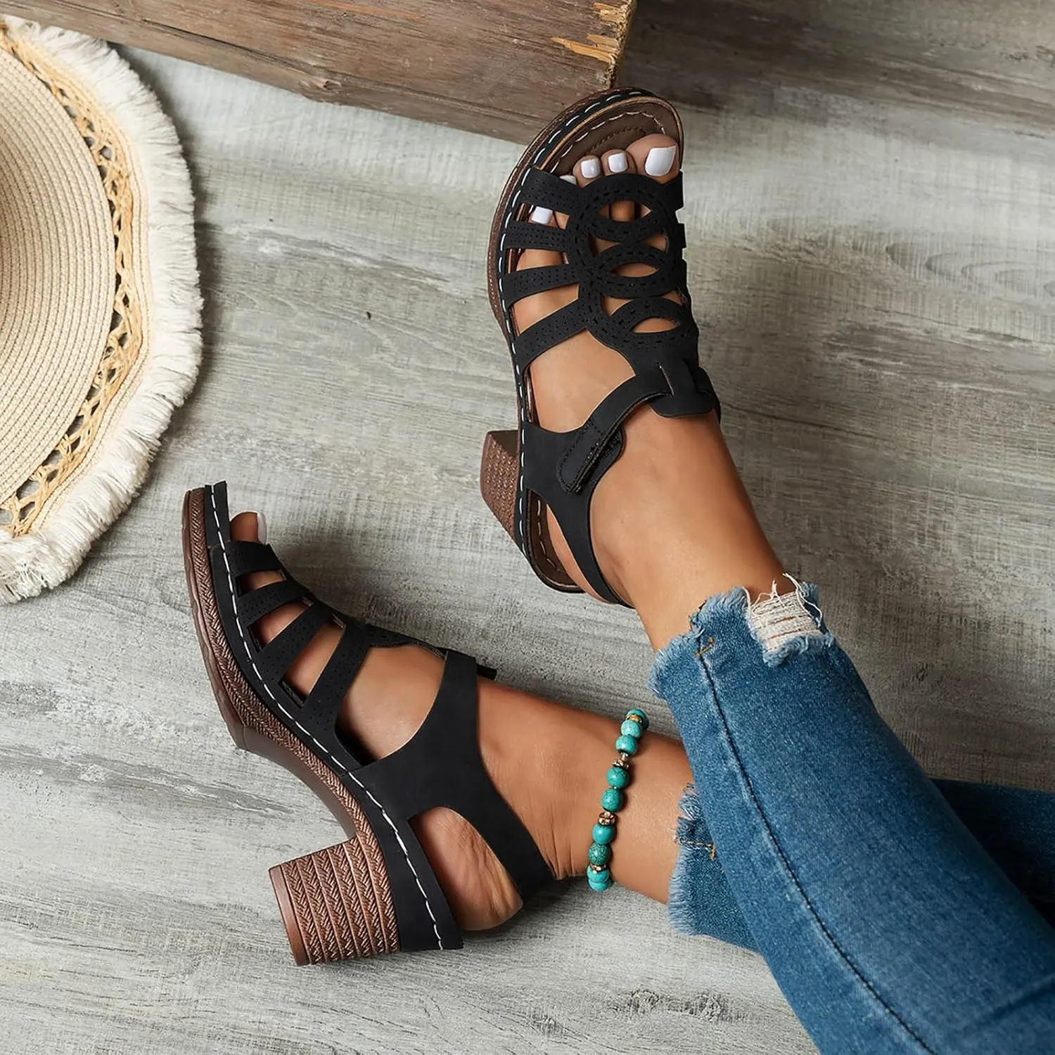 Women's Summer Outer Bottom Middle Heel Hollow Out Sandals High Heels Sports Footwear