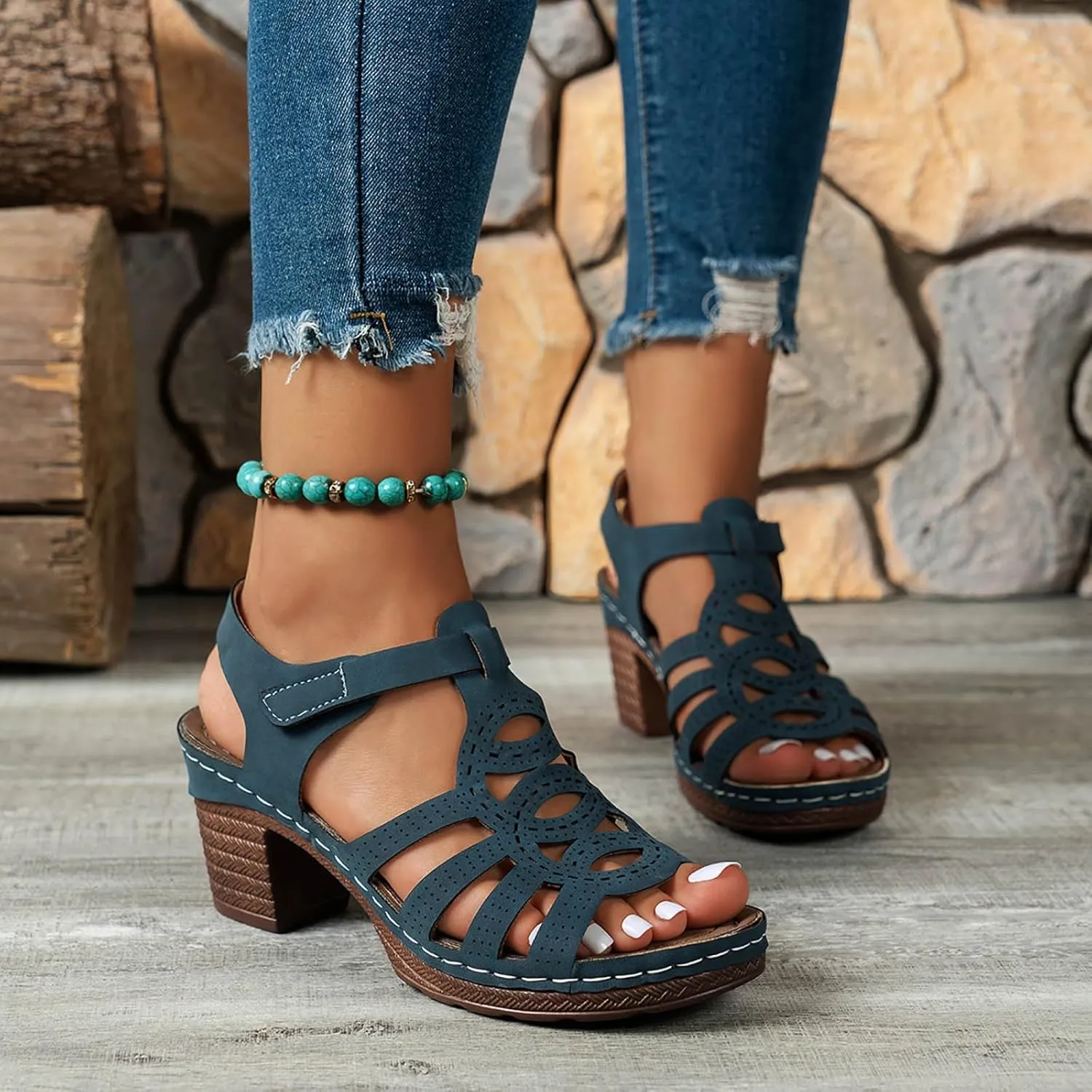 Women's Summer Outer Bottom Middle Heel Hollow Out Sandals High Heels Sports Footwear