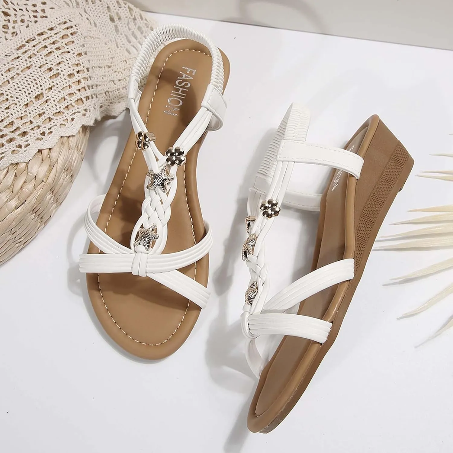 Women's Summer Sandals Comfortable Mid Heel Slip On Open Toe Casual Beach Walking Shoes for Dressy Outfits