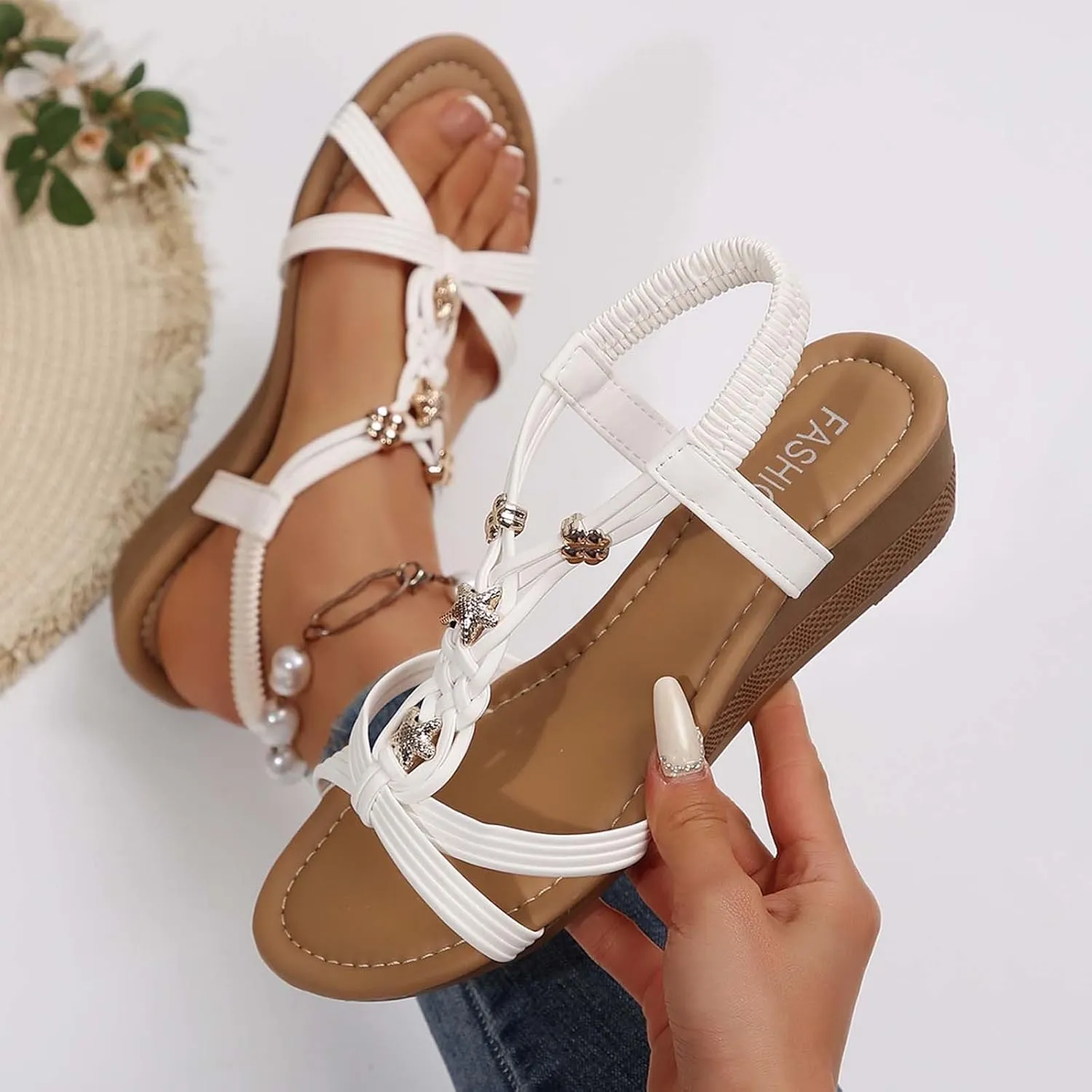 Women's Summer Sandals Comfortable Mid Heel Slip On Open Toe Casual Beach Walking Shoes for Dressy Outfits