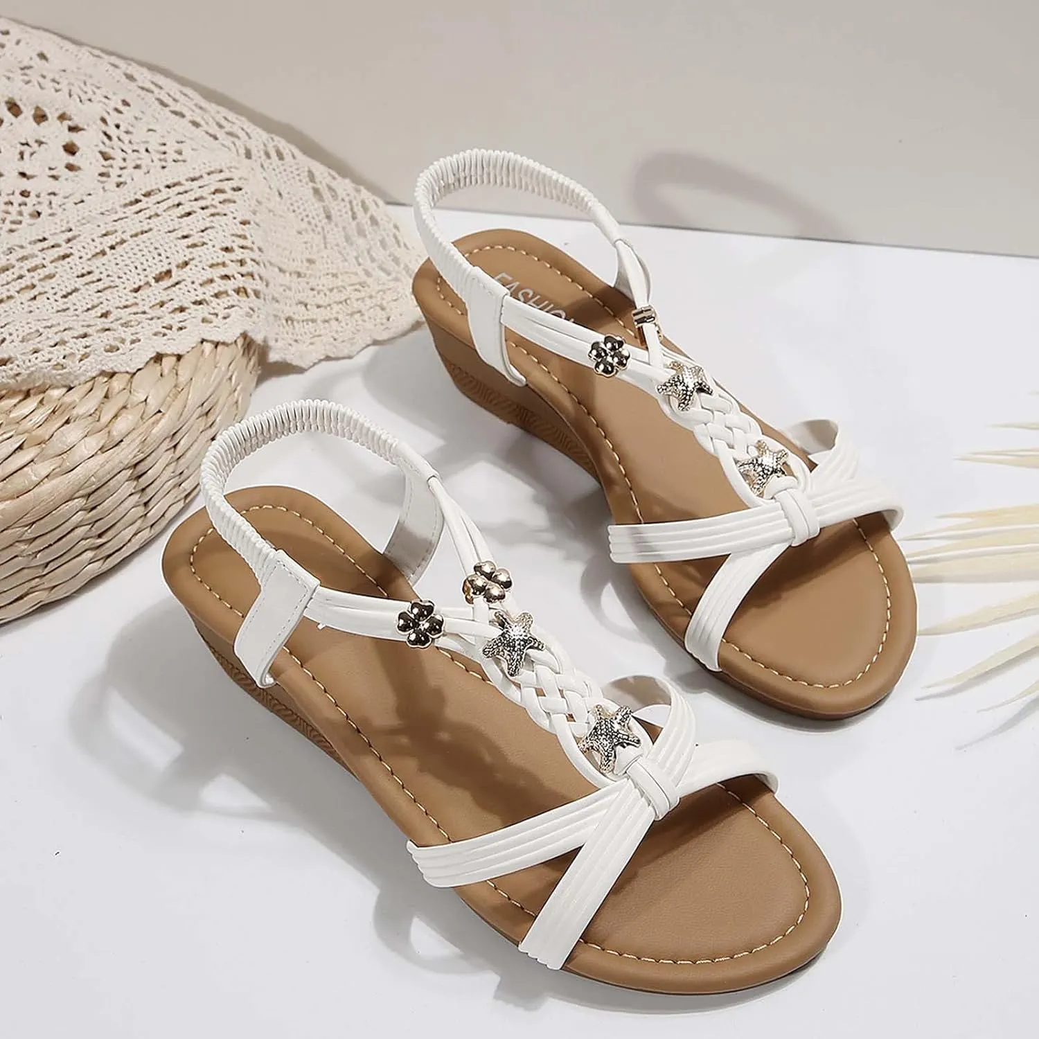 Women's Summer Sandals Comfortable Mid Heel Slip On Open Toe Casual Beach Walking Shoes for Dressy Outfits