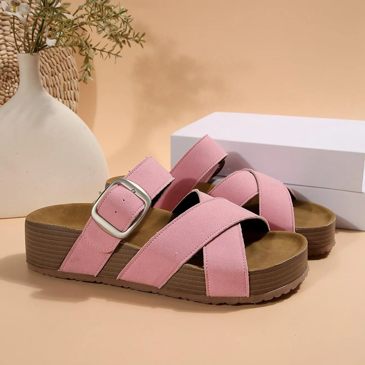 Women's Summer Slide Sandals Comfortable Thick Platform Casual Beach Vacation Wide Fit Flat Strappy Footwear