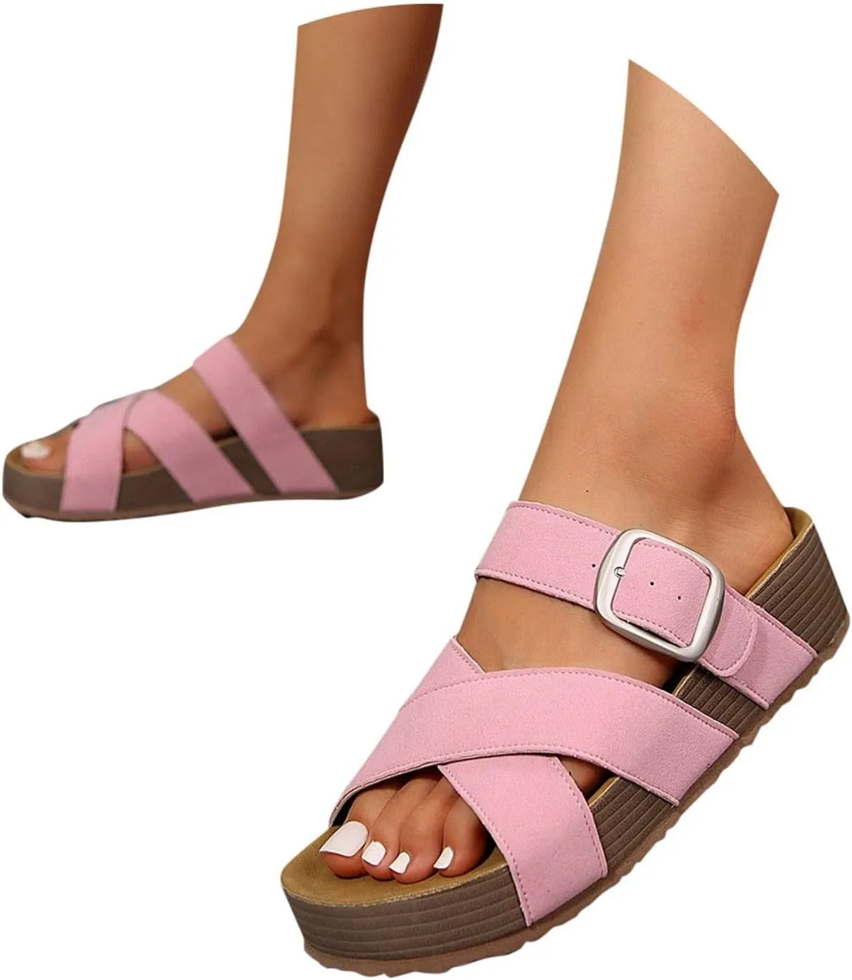 Women's Summer Slide Sandals Comfortable Thick Platform Casual Beach Vacation Wide Fit Flat Strappy Footwear