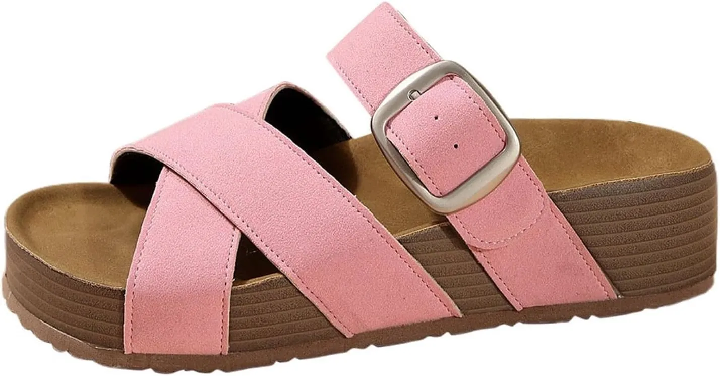 Women's Summer Slide Sandals Comfortable Thick Platform Casual Beach Vacation Wide Fit Flat Strappy Footwear