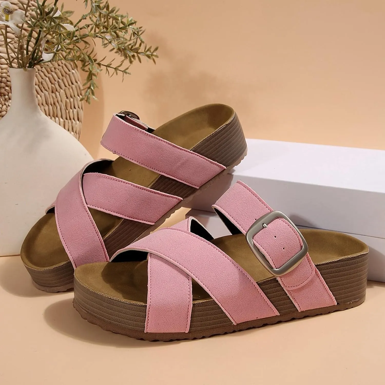 Women's Summer Slide Sandals Comfortable Thick Platform Casual Beach Vacation Wide Fit Flat Strappy Footwear