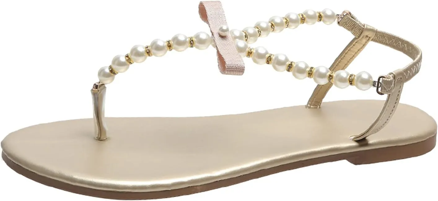 Womens Thong Pearl Beaded Flat Sandals Fashion Round Toe Clip Toe Bowknot Elastic Strap Slip-on Shoes Summer Casual Ladies Beach Slipper