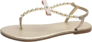 Womens Thong Pearl Beaded Flat Sandals Fashion Round Toe Clip Toe Bowknot Elastic Strap Slip-on Shoes Summer Casual Ladies Beach Slipper