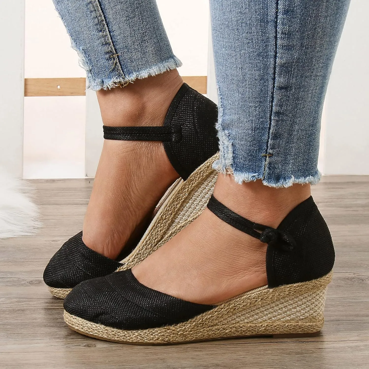 Women's Wedge Sandals Closed Toe Espadrille Sandals With Ankle Wrap Classic Summer Platform Sandals Dressy Canvas Sandals