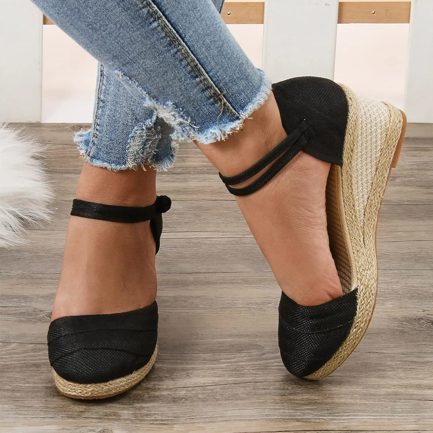 Women's Wedge Sandals Closed Toe Espadrille Sandals With Ankle Wrap Classic Summer Platform Sandals Dressy Canvas Sandals