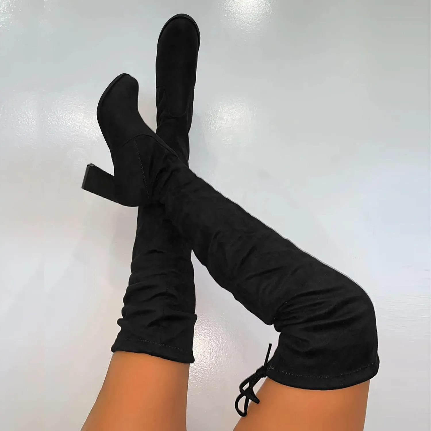 Womenyiaor Over the Knee Boots for Women, Platform Thigh High Boots Chunky Heel Knee High Boots Fashion Long Boot Round Toe Stretch Suede Over-the-Knee Boots Sexy Fall Boots