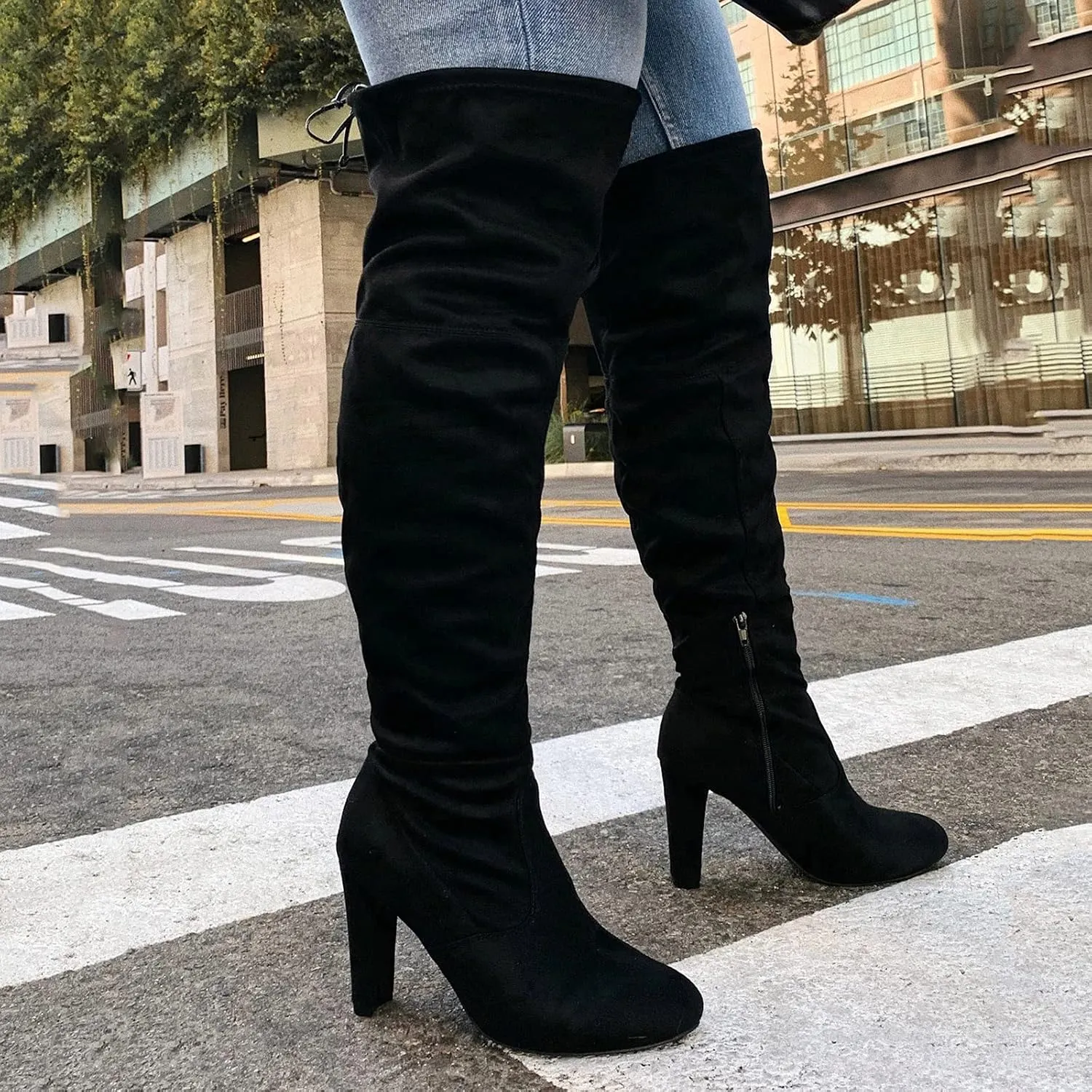 Womenyiaor Over the Knee Boots for Women, Platform Thigh High Boots Chunky Heel Knee High Boots Fashion Long Boot Round Toe Stretch Suede Over-the-Knee Boots Sexy Fall Boots