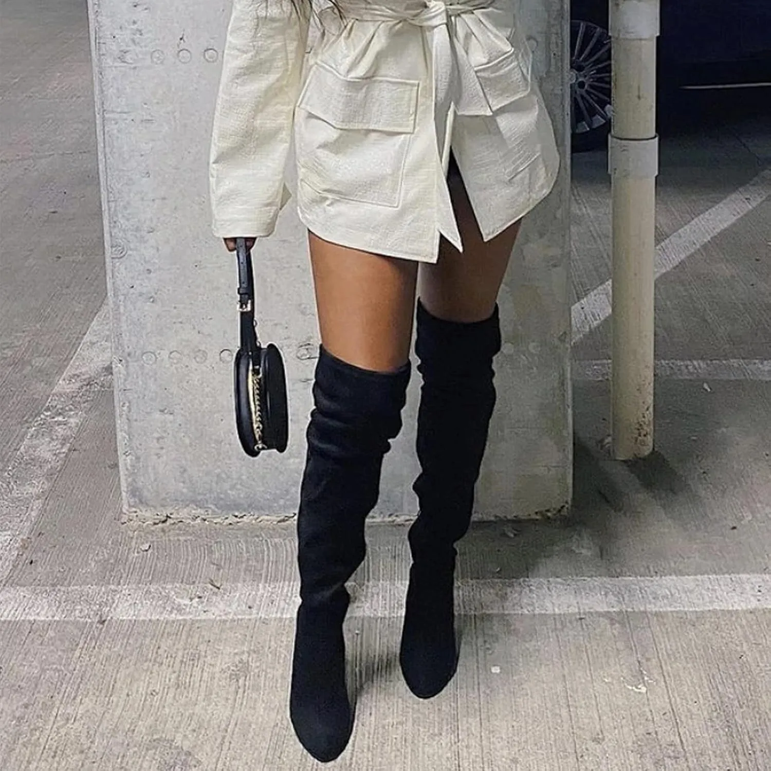 Womenyiaor Over the Knee Boots for Women, Platform Thigh High Boots Chunky Heel Knee High Boots Fashion Long Boot Round Toe Stretch Suede Over-the-Knee Boots Sexy Fall Boots