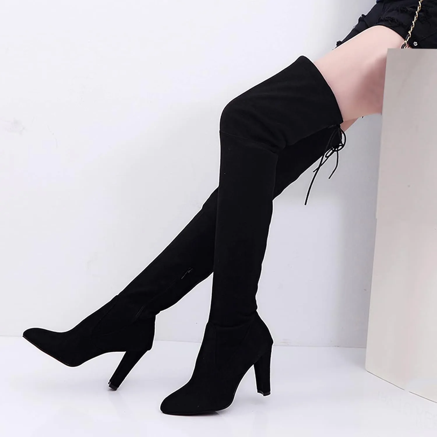 Womenyiaor Over the Knee Boots for Women, Platform Thigh High Boots Chunky Heel Knee High Boots Fashion Long Boot Round Toe Stretch Suede Over-the-Knee Boots Sexy Fall Boots