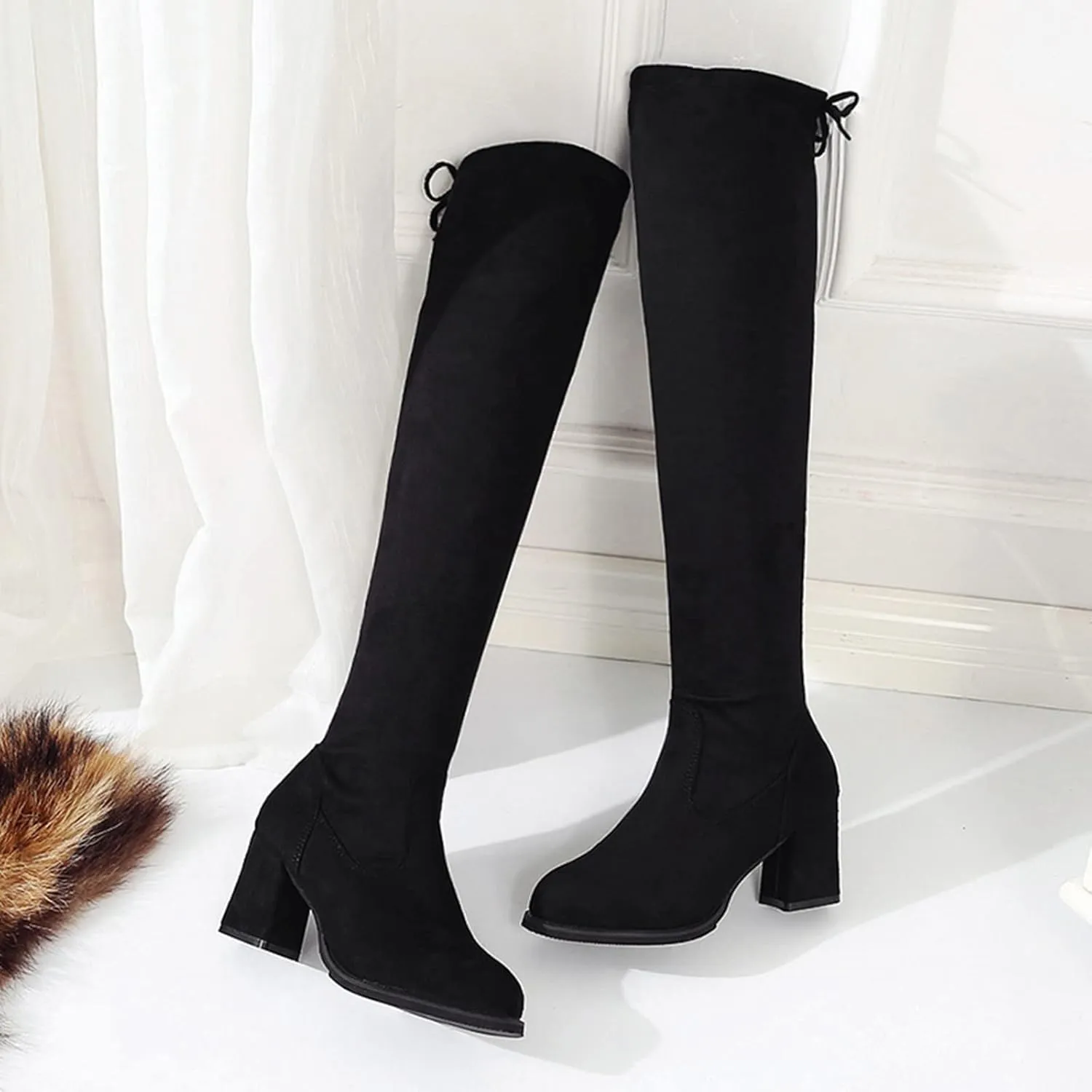 Womenyiaor Over the Knee Boots for Women, Platform Thigh High Boots Chunky Heel Knee High Boots Fashion Long Boot Round Toe Stretch Suede Over-the-Knee Boots Sexy Fall Boots