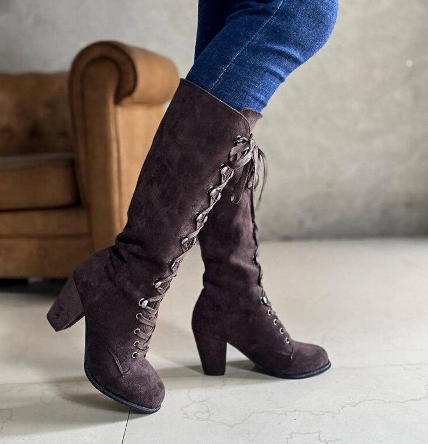 Yck-SAiWed Chunky Heel Boots for Women Vintage Medieval Victorian Boots Fall Winter Lace Up Mid Calf Boots Goth Steampunk Halloween Cosplay Costume