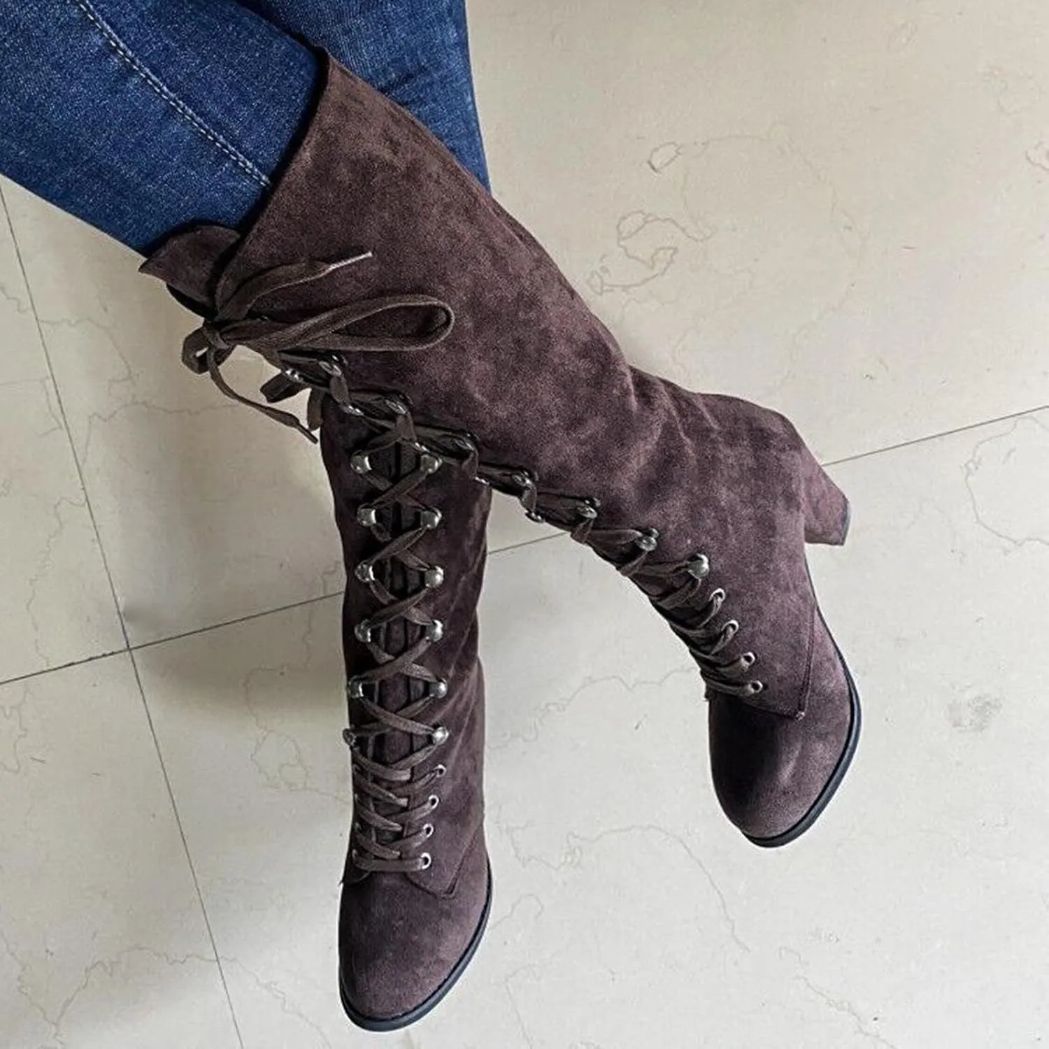 Yck-SAiWed Chunky Heel Boots for Women Vintage Medieval Victorian Boots Fall Winter Lace Up Mid Calf Boots Goth Steampunk Halloween Cosplay Costume