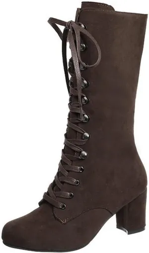 Yck-SAiWed Chunky Heel Boots for Women Vintage Medieval Victorian Boots Fall Winter Lace Up Mid Calf Boots Goth Steampunk Halloween Cosplay Costume