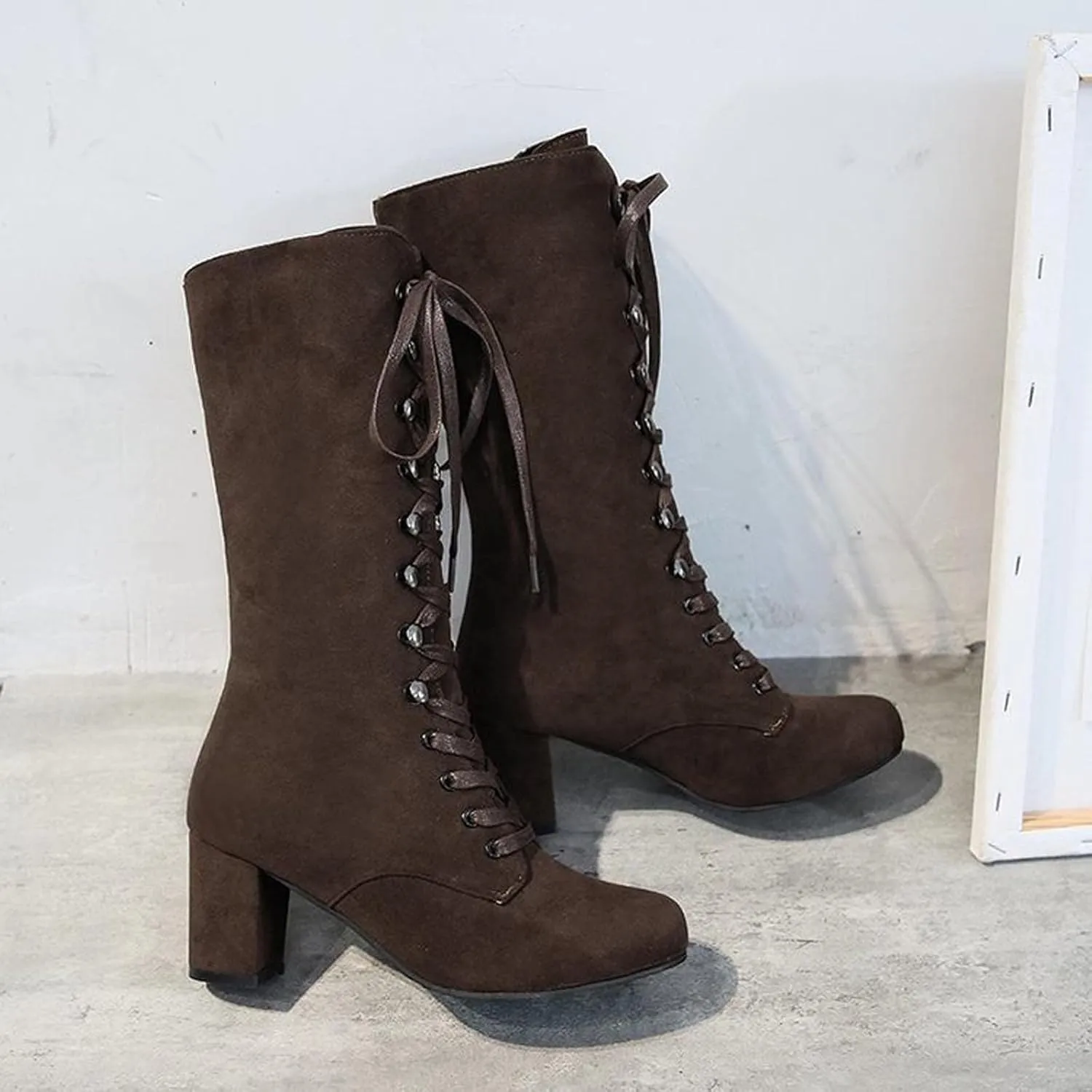 Yck-SAiWed Chunky Heel Boots for Women Vintage Medieval Victorian Boots Fall Winter Lace Up Mid Calf Boots Goth Steampunk Halloween Cosplay Costume