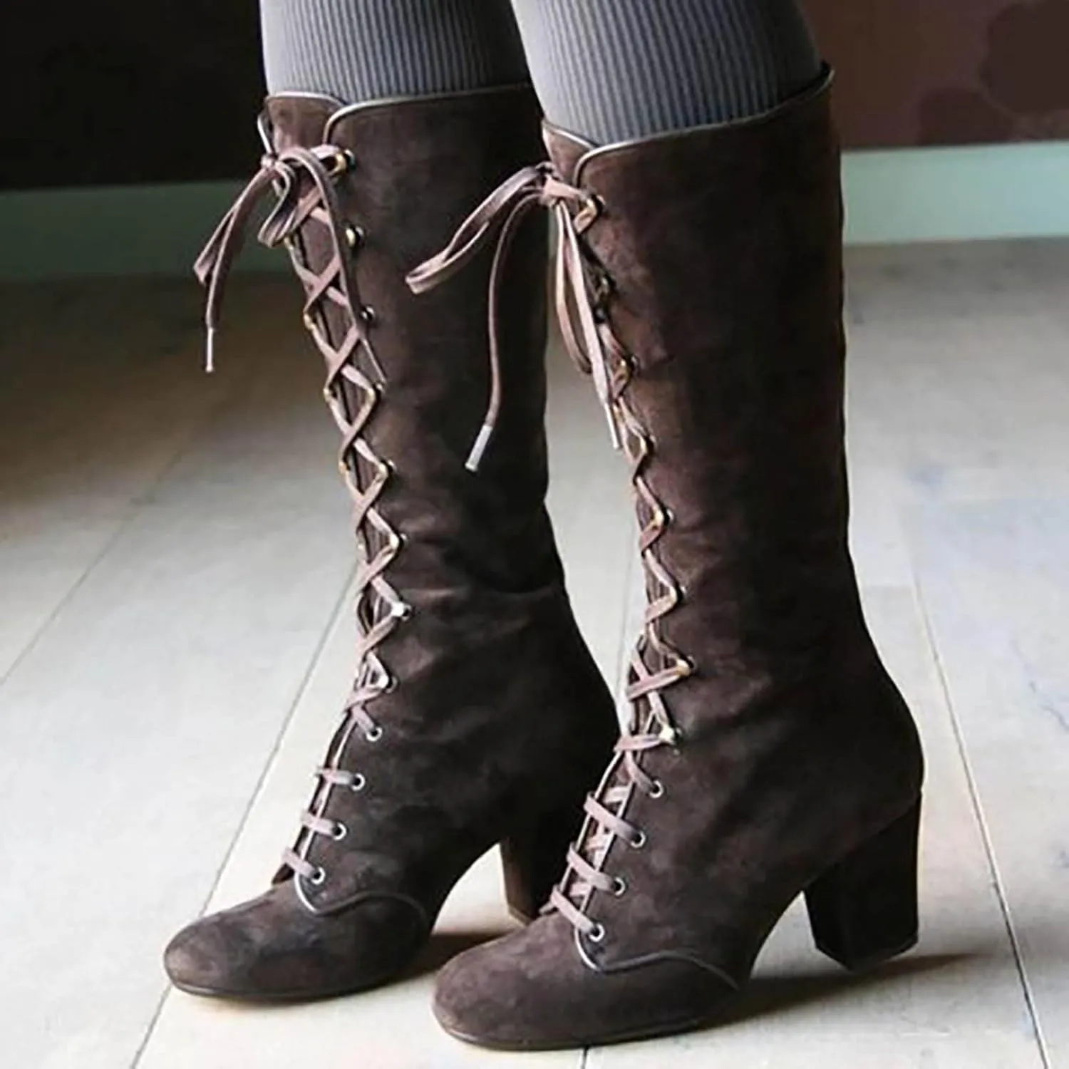 Yck-SAiWed Chunky Heel Boots for Women Vintage Medieval Victorian Boots Fall Winter Lace Up Mid Calf Boots Goth Steampunk Halloween Cosplay Costume
