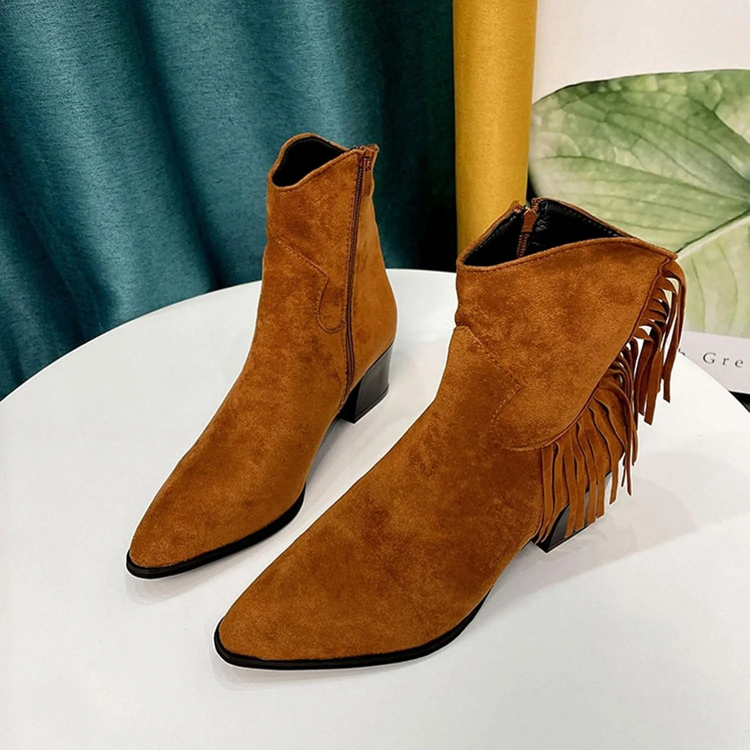 ZBYY Women's Ankle Boots Suede Thick Chunky Heel Side Zipper Pointed Toe Ankle Boots Low Heeled Western Booties