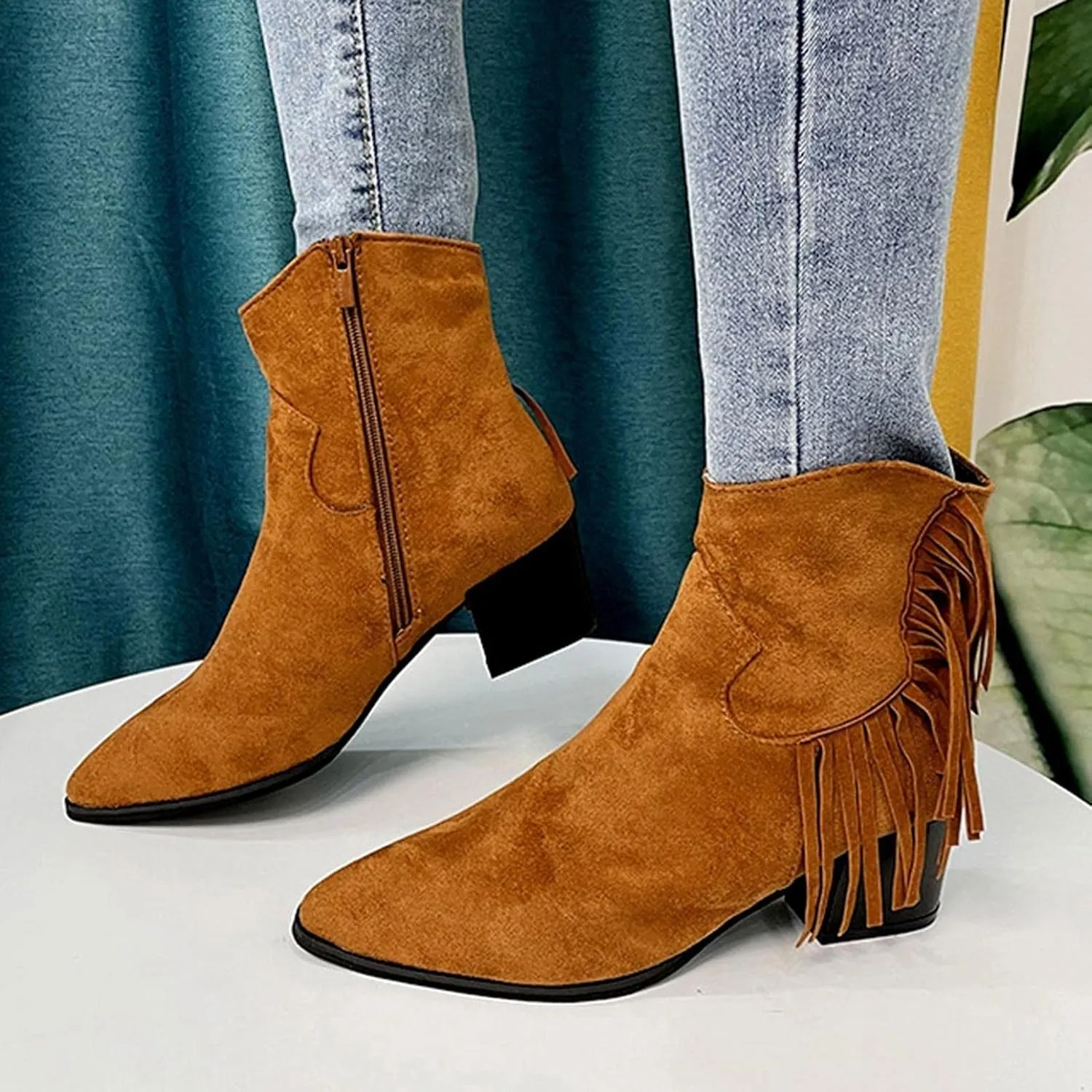 ZBYY Women's Ankle Boots Suede Thick Chunky Heel Side Zipper Pointed Toe Ankle Boots Low Heeled Western Booties