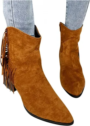 ZBYY Women's Ankle Boots Suede Thick Chunky Heel Side Zipper Pointed Toe Ankle Boots Low Heeled Western Booties