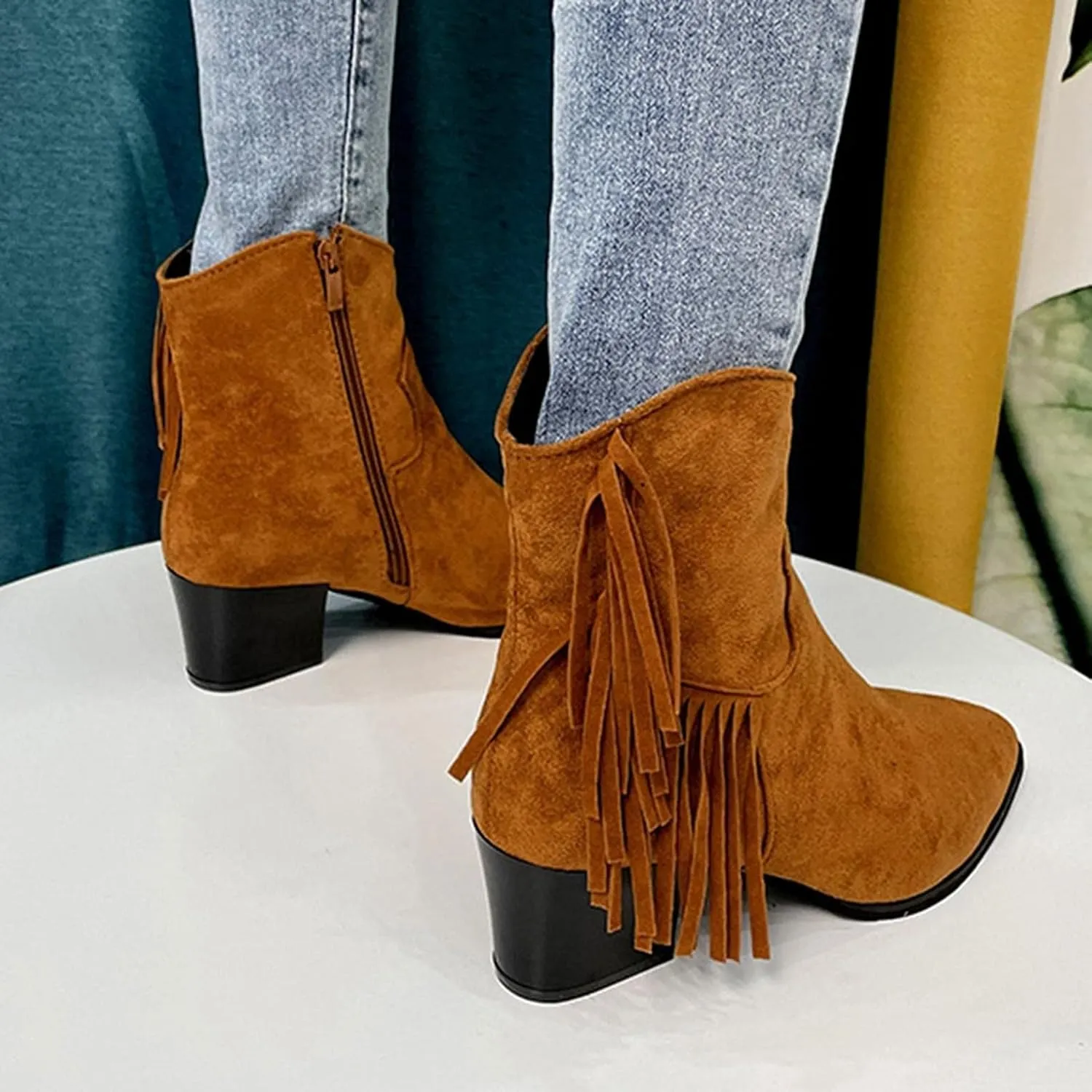 ZBYY Women's Ankle Boots Suede Thick Chunky Heel Side Zipper Pointed Toe Ankle Boots Low Heeled Western Booties