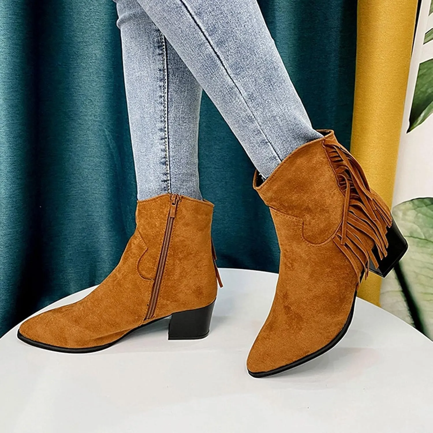 ZBYY Women's Ankle Boots Suede Thick Chunky Heel Side Zipper Pointed Toe Ankle Boots Low Heeled Western Booties