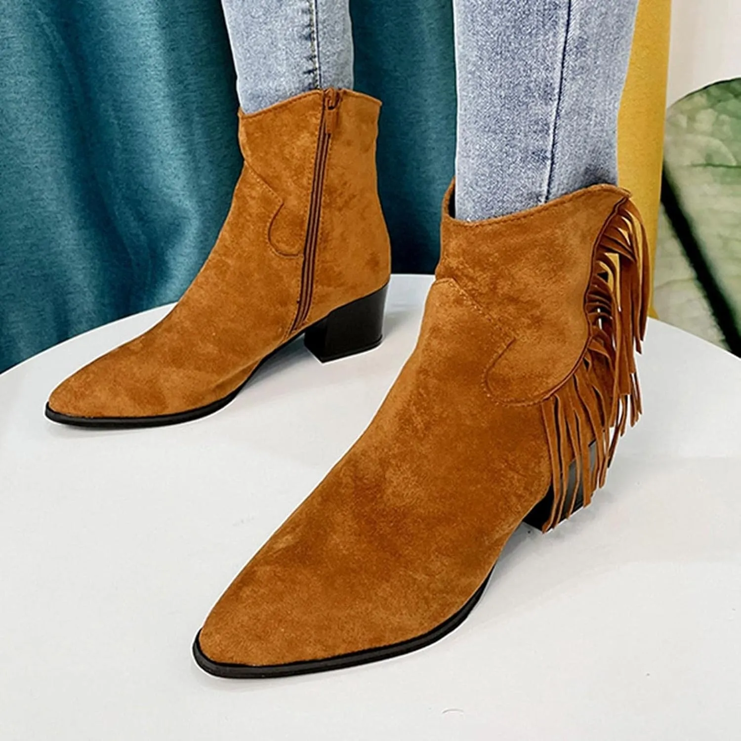 ZBYY Women's Ankle Boots Suede Thick Chunky Heel Side Zipper Pointed Toe Ankle Boots Low Heeled Western Booties