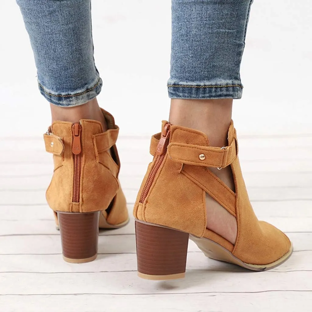ZBYY Womens Cutout Ankle Strap Buckle Sandals Hollow Out Side Zipper Chunky Heeled Open Toe Pumps Sandals Dress Shoes