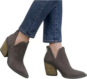 ZBYY Womens Cutout Pointed Toe Ankle Boots Chunky Stacked Heel V Cut Back Zipper Booties Mid Heel Ankle Boots