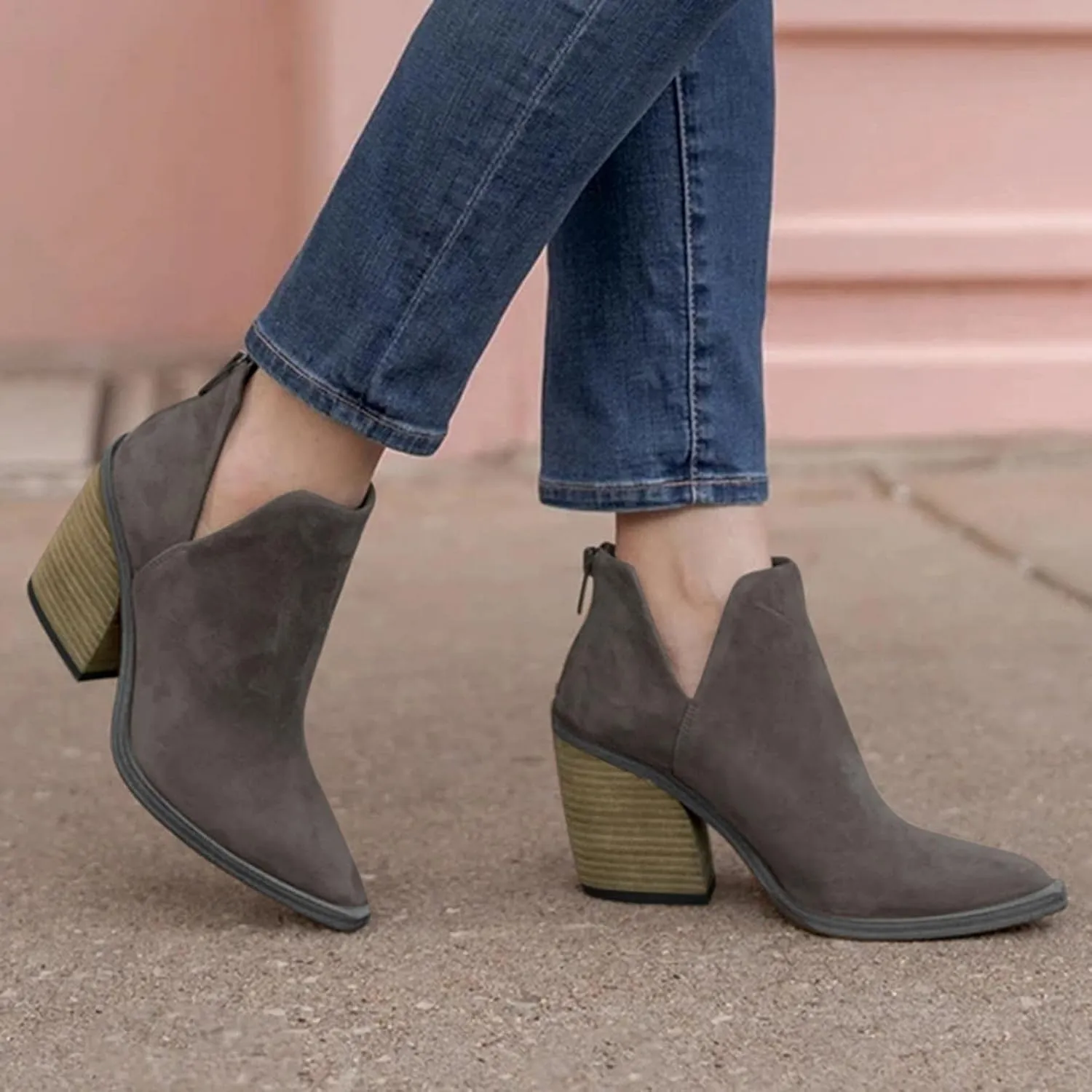 ZBYY Womens Cutout Pointed Toe Ankle Boots Chunky Stacked Heel V Cut Back Zipper Booties Mid Heel Ankle Boots