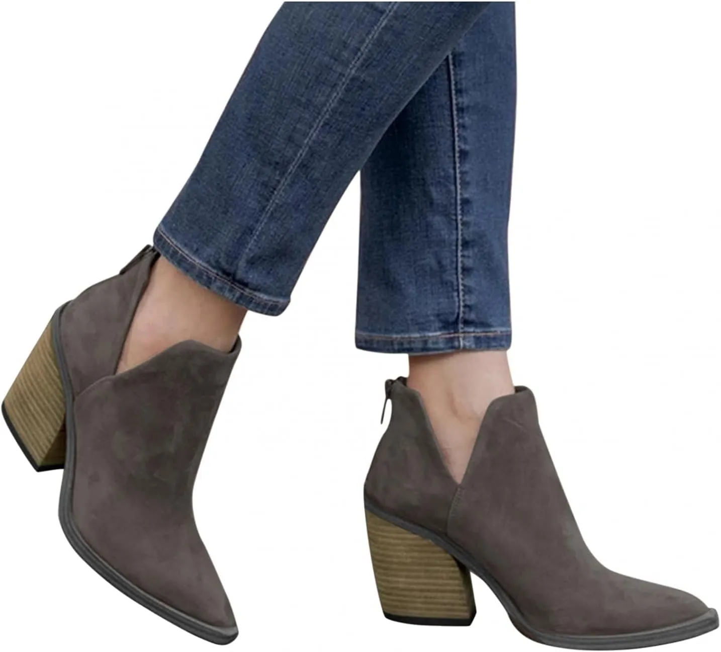 ZBYY Womens Cutout Pointed Toe Ankle Boots Chunky Stacked Heel V Cut Back Zipper Booties Mid Heel Ankle Boots