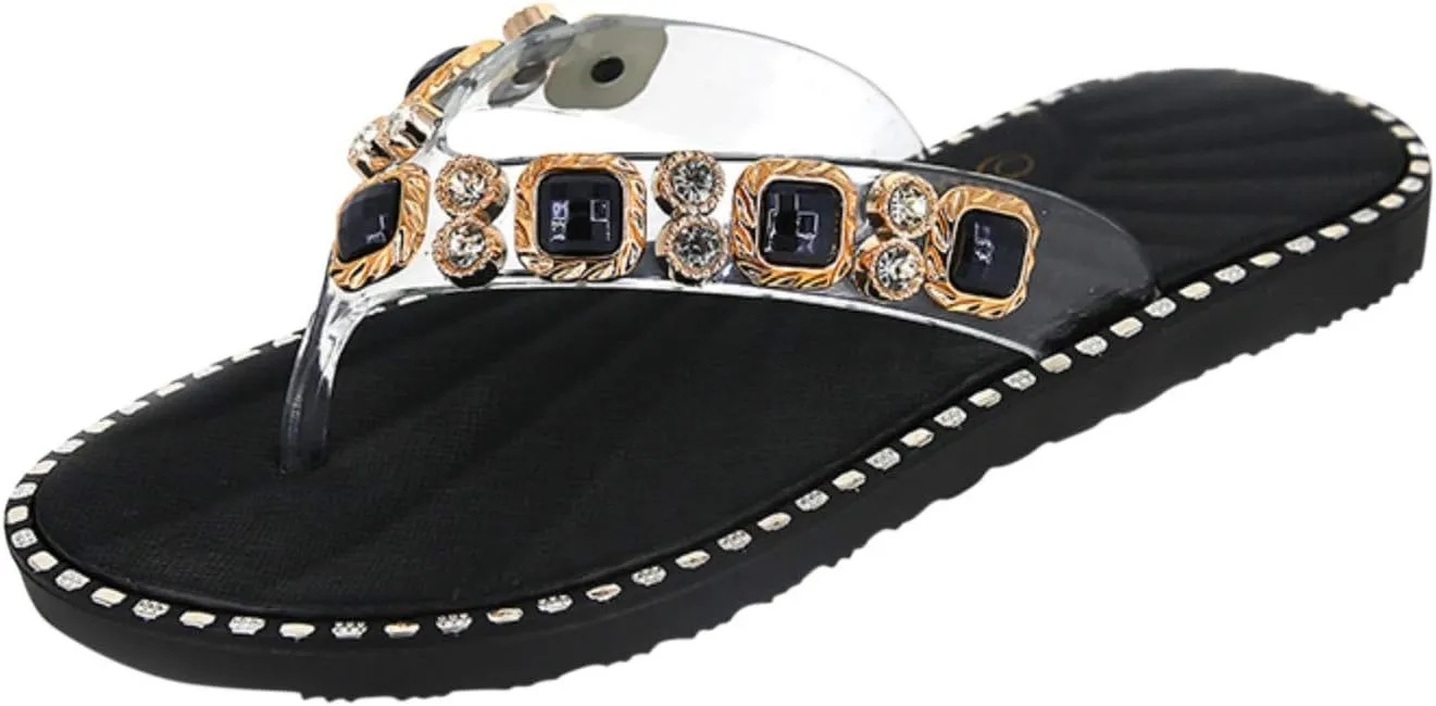 ZBYY Womens Flip Flops Sandals Bohemian Rhinestone Open Toe Casual Flats Sandals Comfort Beach Flat Walking Shoes