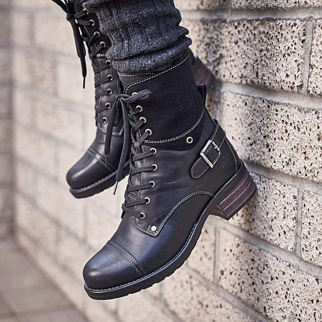ZBYY Women's Military Combat Boots Lace Up Ankle High Low Chunky Heel Boots Pockets Buckle Strap Mid Ankle Boots