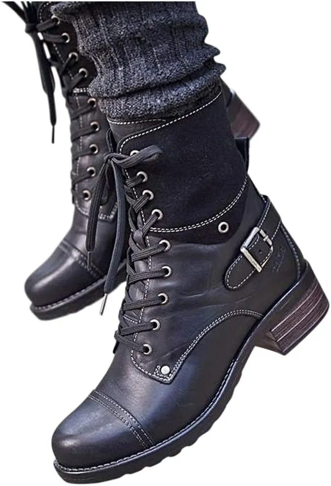 ZBYY Women's Military Combat Boots Lace Up Ankle High Low Chunky Heel Boots Pockets Buckle Strap Mid Ankle Boots