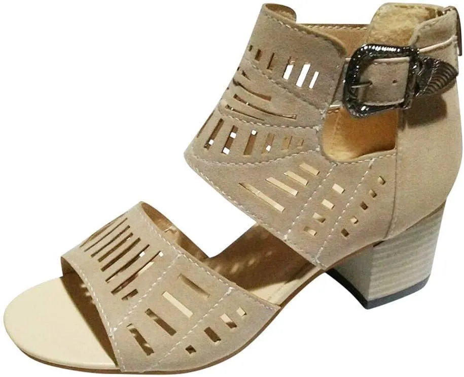 ZBYY Womens Peep Toe Sandals, Open Toe Double Buckle Cutout Stacked Heel Sandal Chunky Block Heel Ankle Strap Sandals