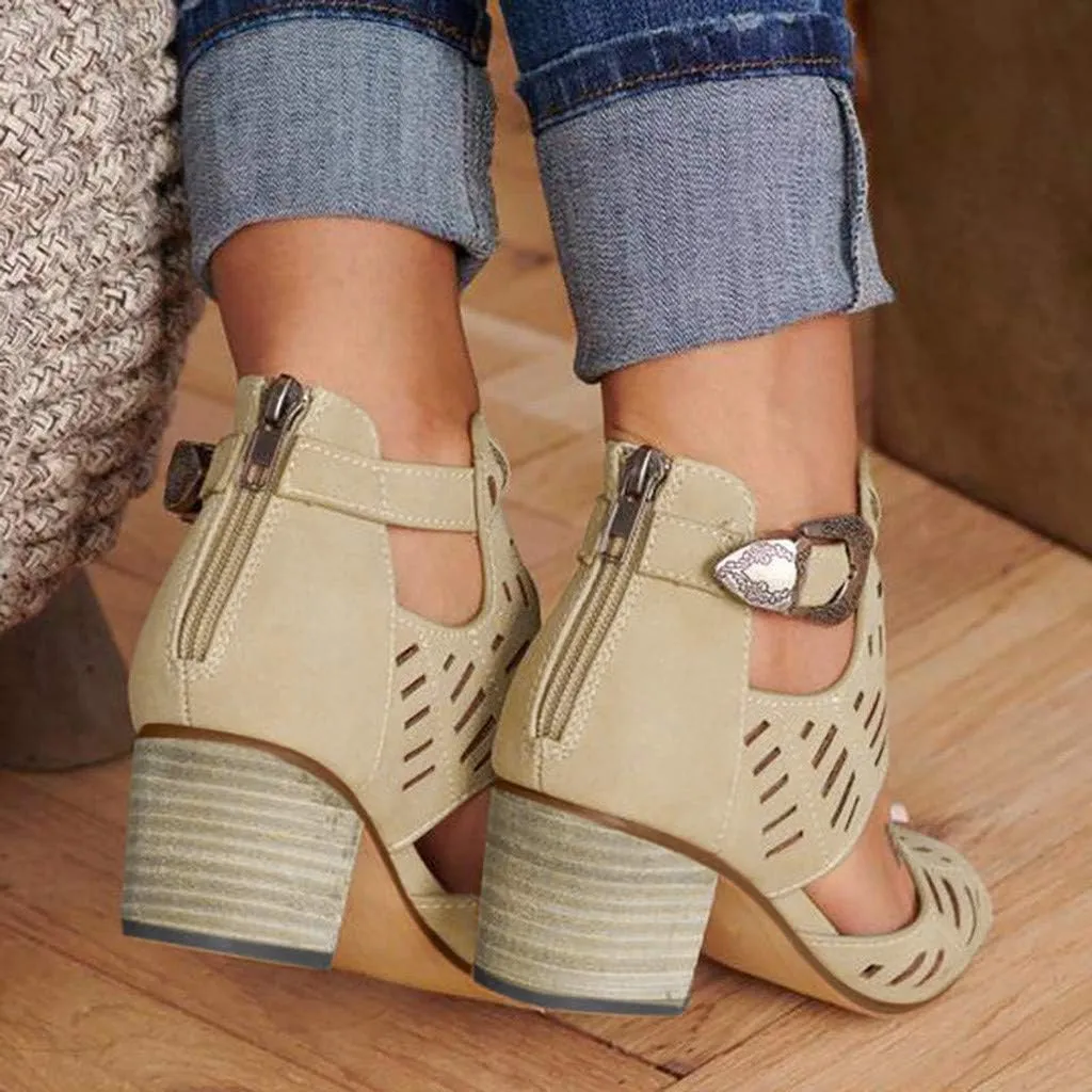 ZBYY Womens Peep Toe Sandals, Open Toe Double Buckle Cutout Stacked Heel Sandal Chunky Block Heel Ankle Strap Sandals