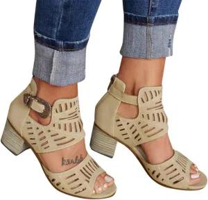 ZBYY Womens Peep Toe Sandals, Open Toe Double Buckle Cutout Stacked Heel Sandal Chunky Block Heel Ankle Strap Sandals