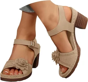 ZSpzx Block Heel Sandals for Women 2025 Comfort Dressy Women's Chunky Strappy Low Heels Comfortable Ankle Strap Fish Mouth Summer Dress Straps Hollow Out Flowers Sandal Walking Shoes for Daily Wear