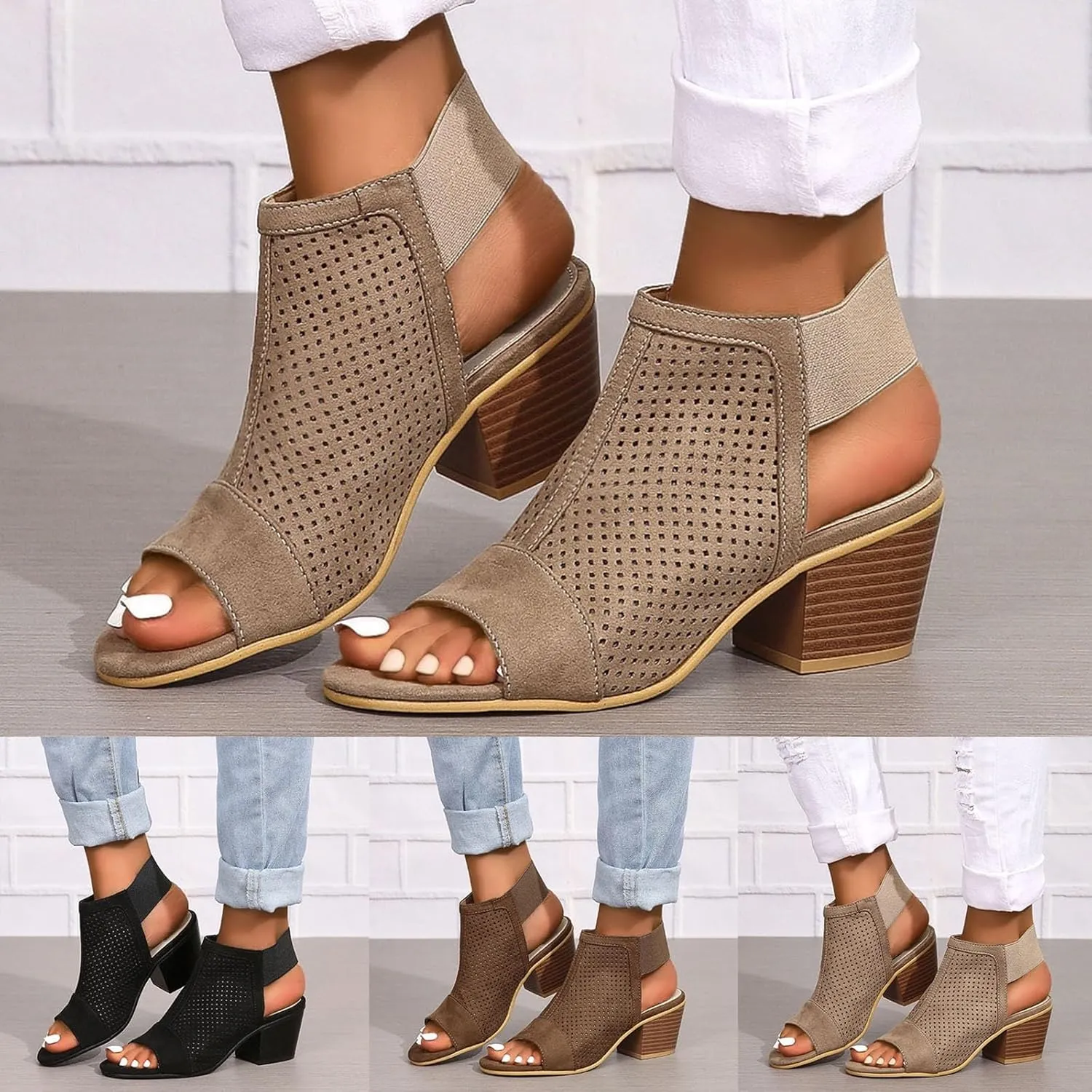 ZSpzx Block Heel Sandals for Women,Comfortable Open Toe Low Chunky Heels Dress Women Boots Cutout Ankle Strap High Heeled Womens Hollow Out Sandal Summer Party Women's Cut Out Booties For Daily Wear