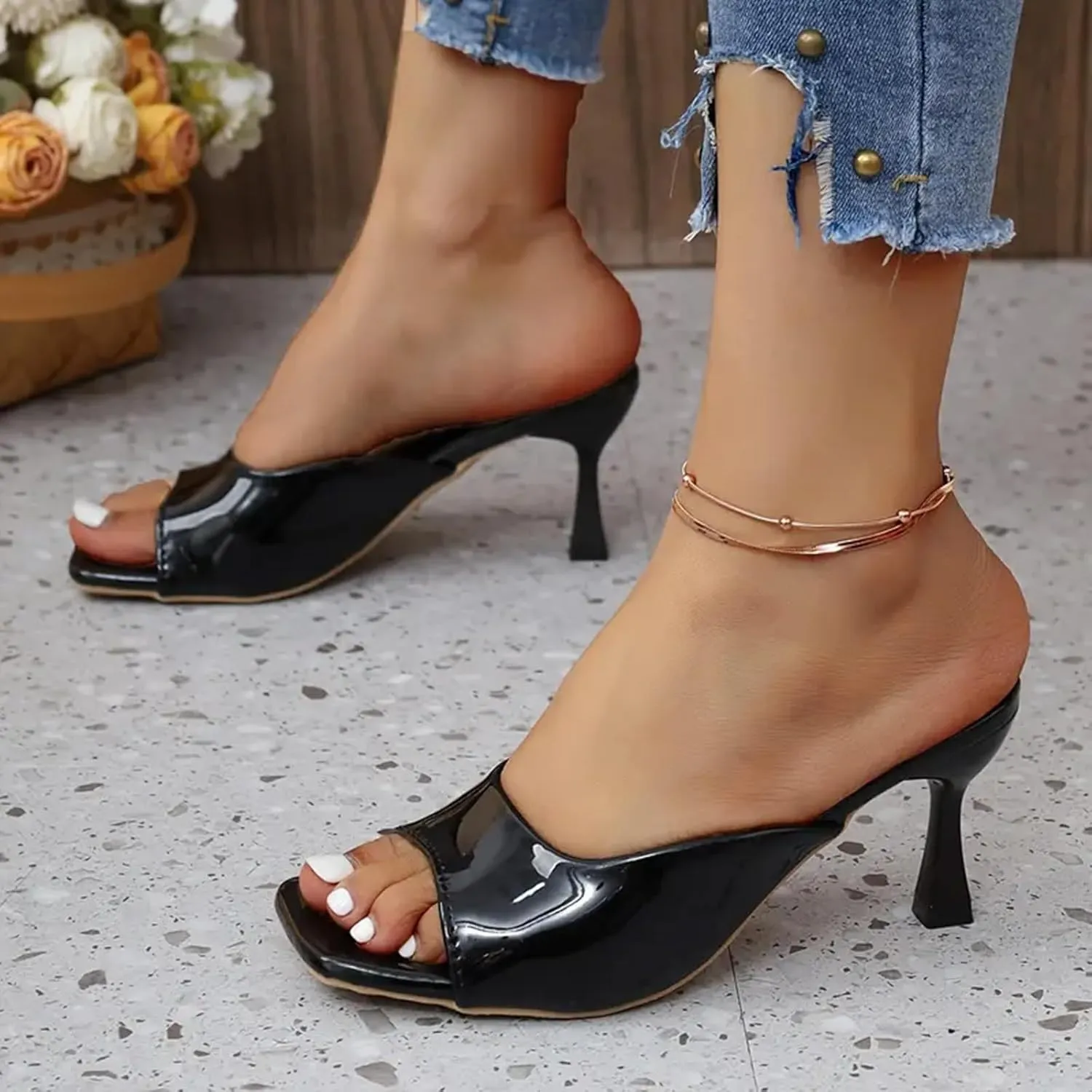 ZSpzx Summer Sandals For Women 2025,Women's Low Heels Stiletto Heeled Sandal Slides Open Square Toe Slip On Mules Dressy Sexy Fashion Comfort Shoes for Party, Wedding, and Vacation