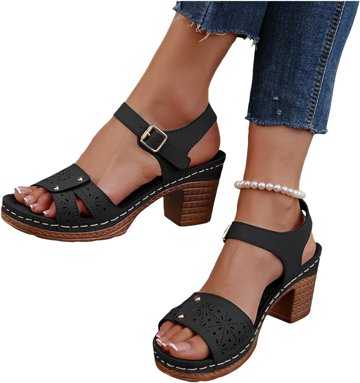 ZSpzx Women's Chunky Block Mid Heels Sandals Low Open Toe Ankle Strap Classic Platform Heel Summer Wedding Party Dress Straps Hollow Out Comfortable Sandal Adjustable Walking Shoes for Daily Wear